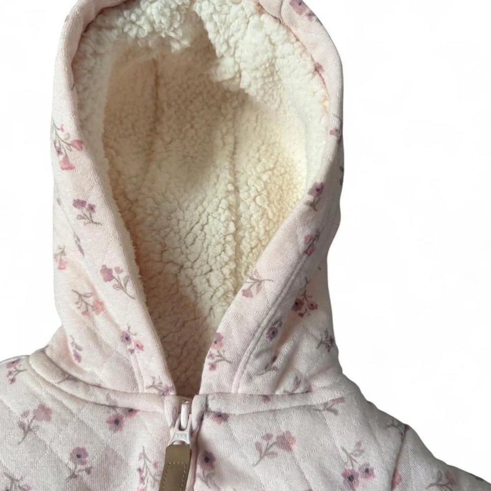 Carter's pink floral snowsuit with hood and fleece lining. Size: newborn 0 m
